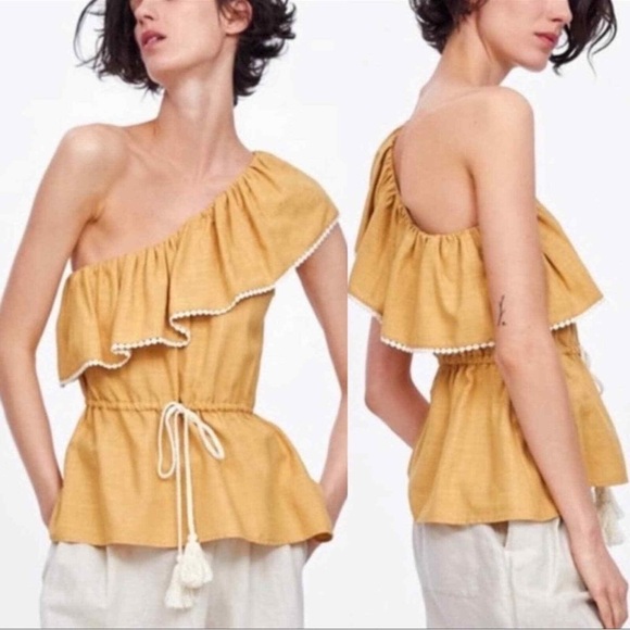 Zara Linen Blend One Shoulder Ruffle Tie Waist Mustard Yellow Top - Picture 1 of 9